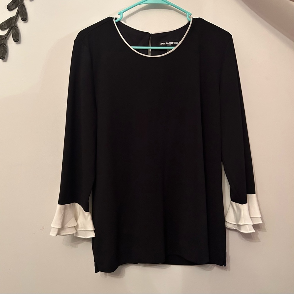 Karl Lagerfeld Black and White Bell Sleeve Blouse